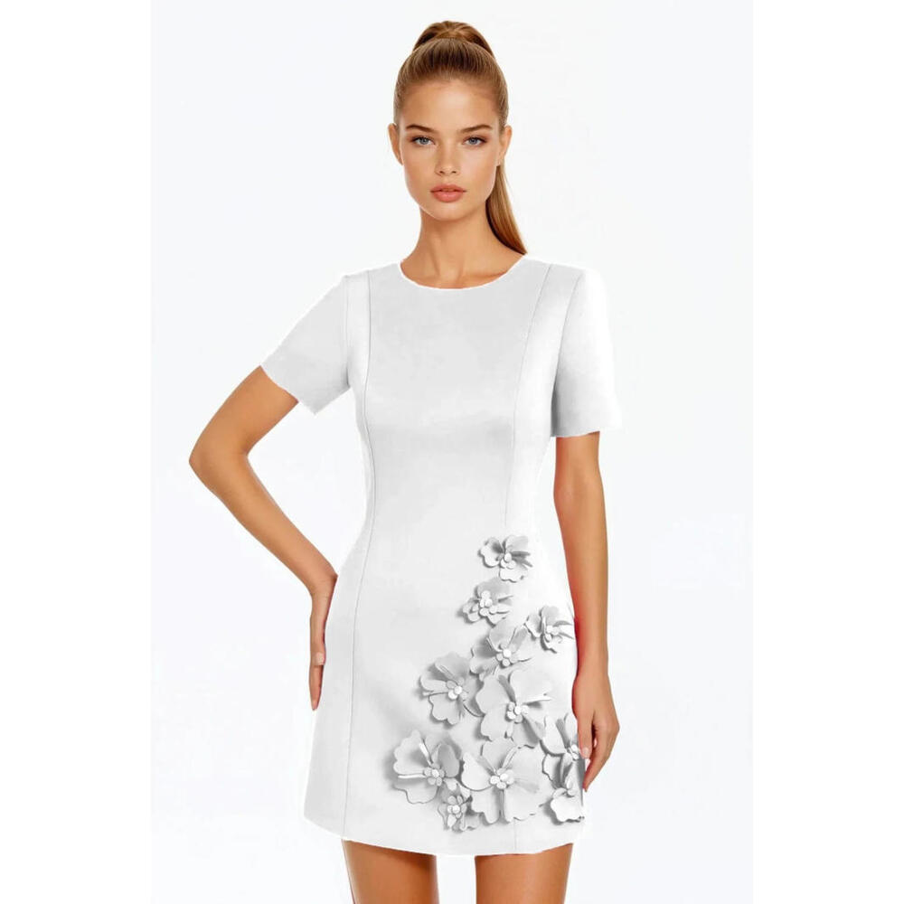 One33 Social Fuchsia  Vega 3D Ivory Flower Cocktail Dress sz 6  Modest Sleeve